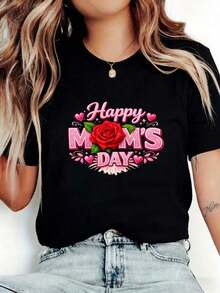 Camiseta Casual De Manga Corta Con Cuello Redondo Para Mujer, DiseñO Con Estampado De CorazóN De Rosa, Camiseta Exclusiva Para El DíA De La Madre, Top VersáTil Y A La Moda Para Uso Diario, Estilo RomáNtico Elegante Y Delicado, Tela Suave, CóModa Y Transpirable, Lavable A MáQuina, Adecuada Para Todas Las Estaciones, Ropa De Verano Para Mujer, Top De Verano. ,Norpojin Ropa De Calor Mujer Maija Maija Mujer Luargla Deeka Ontre Mujer Premium Ontre Mujer Blusa Casual Mujer Blusas Casuales Para Dama - Negro - Ver 6
