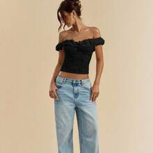 Women's Floral Jacquard Short Sleeve Off The Shoulder Crop Top Ruffle Fitted Tee Shirts - Black - View 4