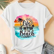 A Vintage Crew Neck T-Shirt With A Gradient Beach Print Featuring Coconut Trees And Starfish, Showcasing A Fresh Woodland Style. This Loose-Fitting Blouse Is Perfect For Elegant Parties And Versatile For Women's Summer 2026 Fashion. - 白色 - 查看 6