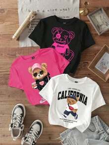 Nuevos estilos a la moda  Casual Algodón Camiseta para mujer Deportivo Apto para llevar en primavera, verano, otoño e invierno.de camisetas de ajuste ceñido con cuello redondo, manga corta y estampado de oso adorable, informal, para mujer en verano - Blanco - Ver 1