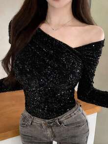 Blusa con tirantes de lentejuelas para mujer, estilo de fiesta, primavera/otoño - Negro 3 - Ver 1