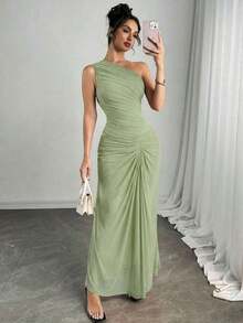 xheFirerie Nuevo vestido elegante de dama con falda roja, con volantes de malla, falda plisada, ideal para vacaciones, color borgoña, para fiesta, cóctel, concierto, salida y ocioxhe - Verde - Ver 1