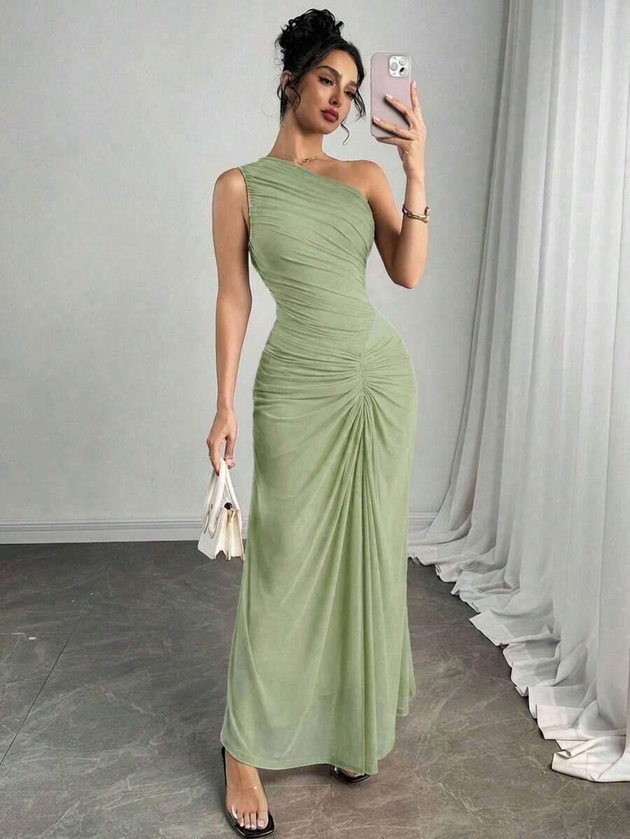 xheFirerie Nuevo vestido elegante de dama con falda roja, con volantes de malla, falda plisada, ideal para vacaciones, color borgoña, para fiesta, cóctel, concierto, salida y ocioxhe - Verde - Ver 1