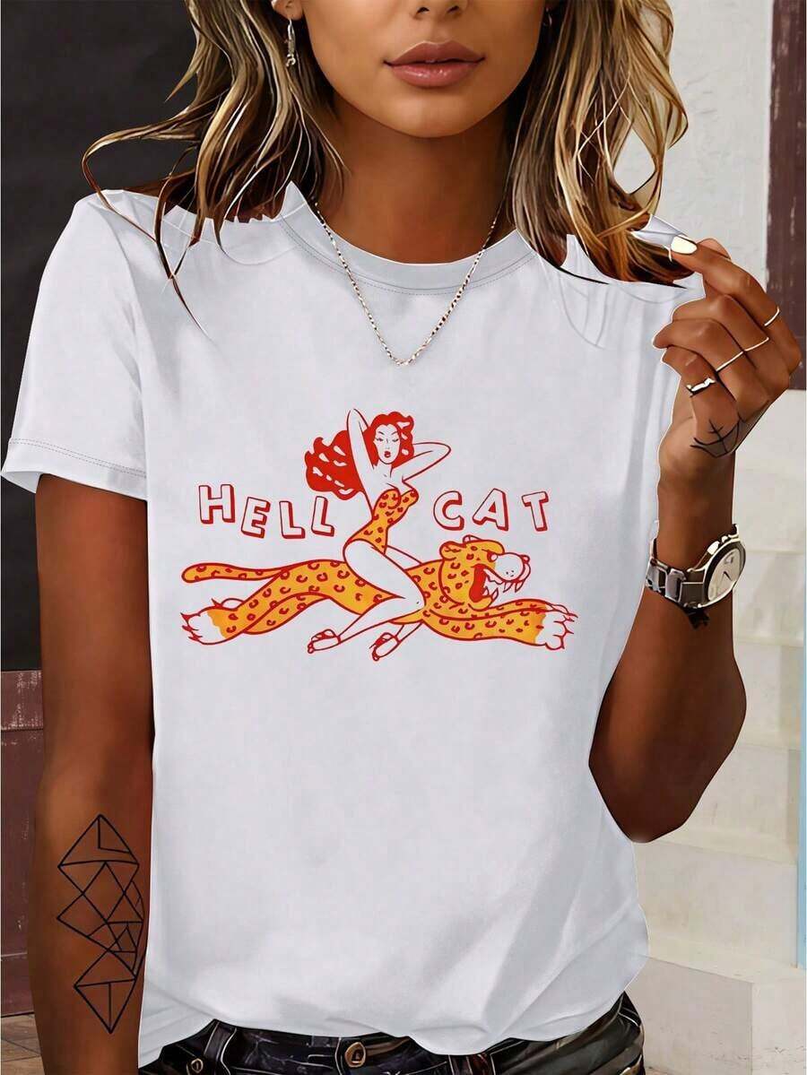 Genial camiseta blanca con diseño retro "Hell Cat", mujer y leopardo, estilo pin-up ideal para looks audaces y con actitud. - Blanco - Ver 1