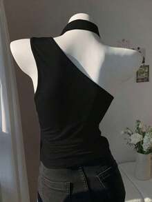 Blusa elegante de un hombro con pliegues negra de verano para mujer - Negro - Ver 2