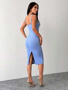 Vestido midi ajustado y entallado con parte trasera dividida, copa de busto y cadera azul - Azul - Ver 2