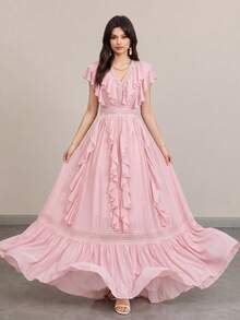 Đầm dạ hội và cưới sang trọng mới dành cho nữ, kiểu dáng thanh lịch, cổ chữ V, viền ren, nhiều lớp xếp nếp, phối ghép tinh tế, eo thon gọn. - Hồng - Xem 2