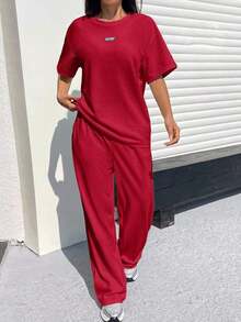Conjunto informal de camiseta holgada y pantalones con textura mostaza para mujer - Rojo - Ver 5