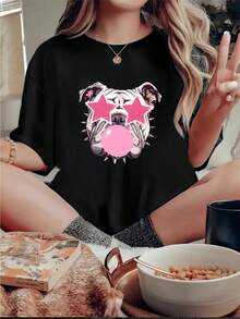 Women's Casual Cotton T-Shirt With Crew Neck And Bulldog Print - High-Elasticity Sports T-Shirt, Geometric Design, Machine Washable, Comfortable And Fitted For All Seasons. | Fun Design | Simple Machine-Washable T-Shirt For Everyday Wear. - 黑色 - 查看 3