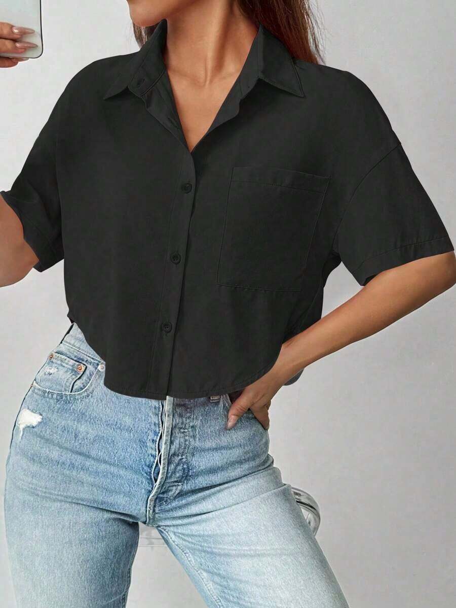 negra casual corta y sencilla de manga corta para uso diario para damas - Negro - Ver 1