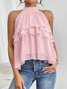 Blusa de gasa con volantes asimétricos y cuello suelto - Rosa Pálido - Ver 4