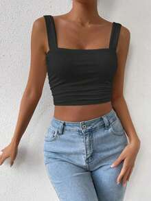 Top Cami Ajustado de Pliegues unicolor y Corto para el Verano - Negro - Ver 6