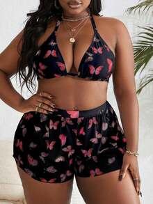 Conjunto de bikini de 3 piezas con estampado de mariposa para mujer de talla grande, para playa de verano - Multicolor - Ver 3