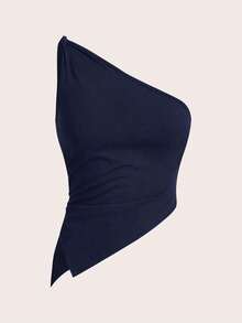 Top elegante de un hombro con un giro en color rojo burdeos delgado para mujer - azul real - Ver 7