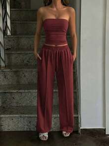 Conjunto de 2 piezas de ropa de otoño Vaiaye: Top corto ajustado y sexy sin tirantes, camiseta básica de unicolor elástica y ajustada, top tipo bandeau para yoga; Conjunto de pantalones para primavera/verano - Morado - Ver 7