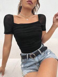 Top de cuello cuadrado fruncido de malla - Negro - Ver 4