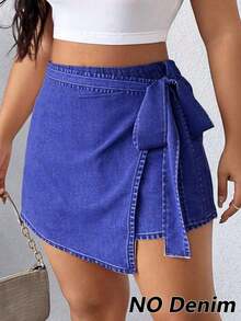 Falda pantalón informal de aspecto de mezclilla con doblez asimétrico y nudo lateral para mujer talla grande - Azul marino - Ver 7