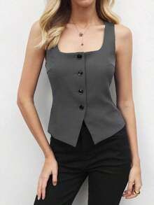 Blusa de un solo pecho de unicolor, versátil y casual para uso diario - Gris Oscuro - Ver 5