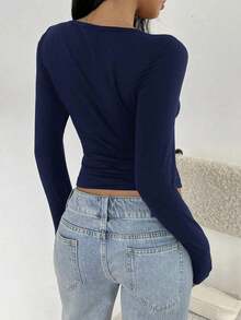 Camiseta de manga larga de ajuste ceñido con cuello alto y mangas raglán, estilo minimalista casual para mujer, primavera/otoño - Azul marino - Ver 2