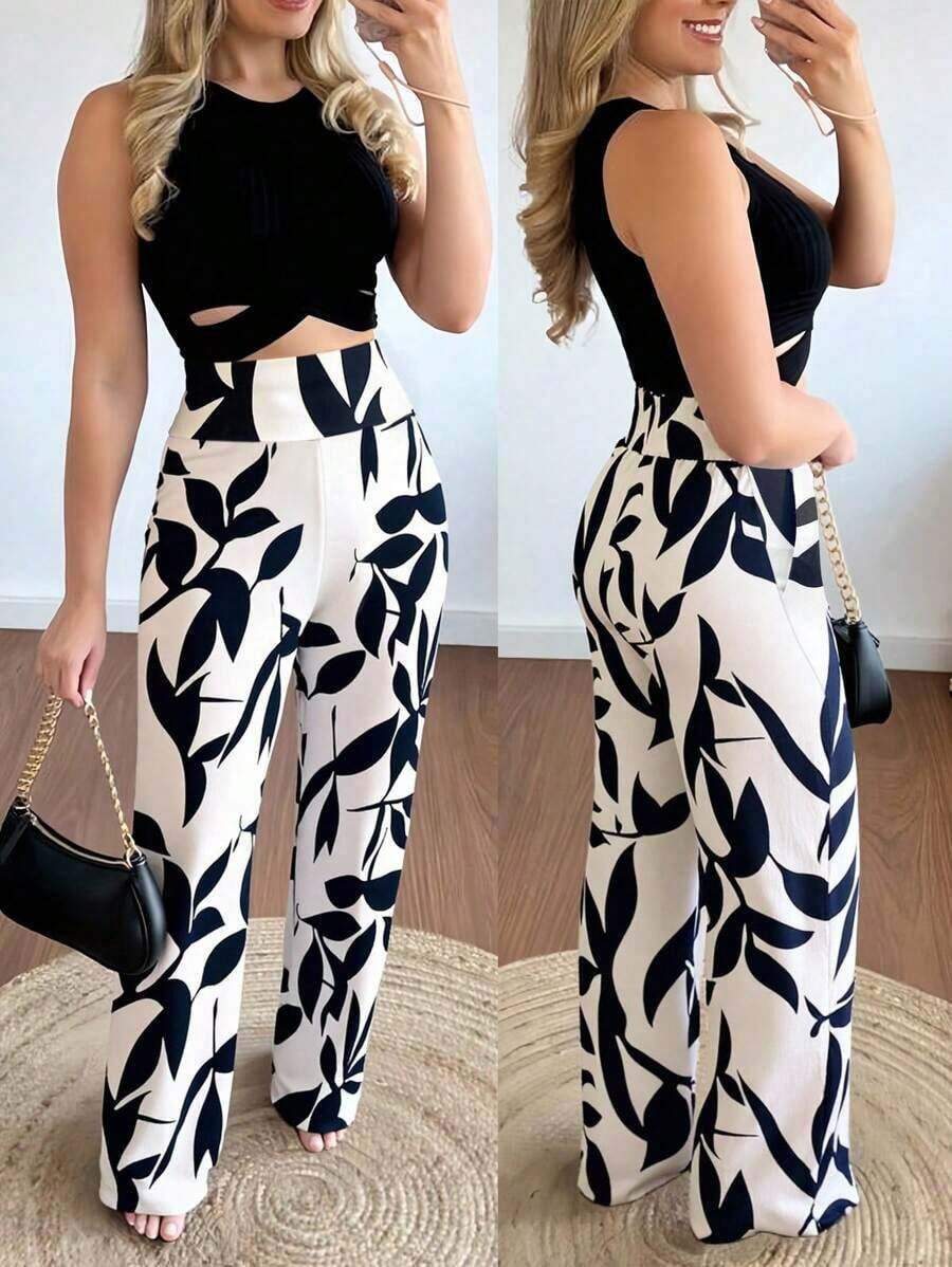 Elegante conjunto de 2 piezas de top sin espalda con cruce y pantalones rectos sexy para mujer - Albaricoque - Ver 1