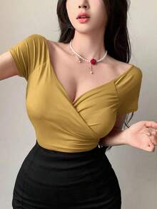 Camiseta de mujer de manga raglán con cuello de corazón de unicolor para salir - Mostaza Amarilla - Ver 5