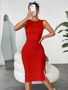 Vestido Sin Mangas De Punto De Albaricoque Ajustado Para Mujer - Rojo - Ver 3
