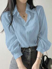Blusa suelta de unicolor con cuello vuelto y pliegues para mujer, color morado, para primavera/verano/otoño, ropa de mujer de manga larga - Celeste - Ver 3