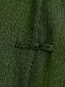 Pantalones cortos de mujer talla grande, casuales, para ir al trabajo o salir, con diseño de abertura redonda, cintura elástica y decoración de nudo chino con botones - Verde - Ver 4