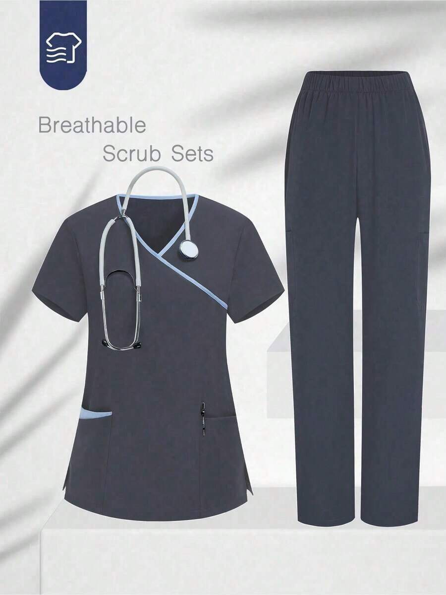 Conjunto de uniforme de pijama de unicolor con parches, cuello en V y manga corta - Gris - Ver 1