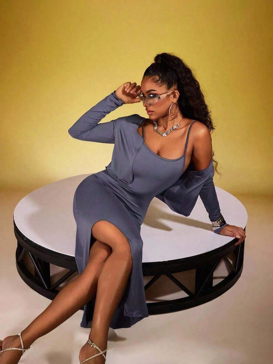 Mujeres elegante vestido ajustado con tirantes y chaqueta corta abierta de frente, traje de dos piezas - Niebla azul - Ver 1