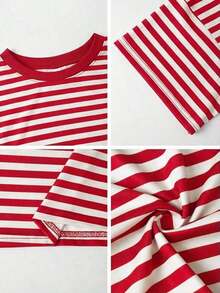 Camiseta casual de mujer  de cuello redondo holgado, camiseta de manga corta de ajuste ceñido con parches a rayas minimalista, adecuada para primavera/verano, ideal para el Día de San Valentín - Rojo - Ver 10