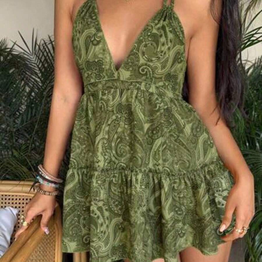 Women's Casual Vacation Daily Versatile Fashionable Bohemian Print Backless Tie Bow Halter Dress, Spring/Summer - Verde - Ver 1