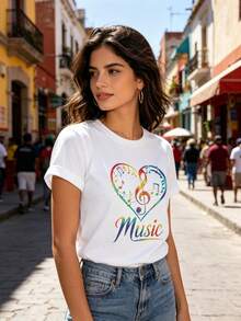 ¡Oferta por tiempo limitado, unidades limitadas,  relámpago! Camisas casuales para mujer, camisetas de poliéster para mujer, camisas elegantes.,Camiseta deportiva de manga corta para mujer con diseño de símbolo musical. - Blanco - Ver 2