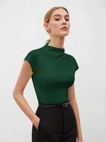 Camiseta de mujer de manga corta con cuello alto y mangas de murciélago, de unicolor, para uso casual de negocios, uniforme de maestro, ropa de oficina, escuela, top básico, estilo vintage - Verde - Ver 3