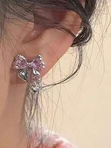 Bộ trang sức 3 món đính đá Zirconia hồng lấp lánh hình nơ tình yêu, mặt dây chuyền và bông tai, thiết kế thanh lịch tối giản, thích hợp cho ngày Valentine. - Đồ trang sức - Xem 6