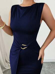 Vestido largo elegante y ajustado para mujer, diseño minimalista, verano - Azul marino - Ver 3
