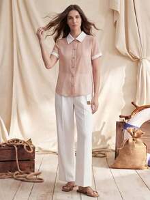 Blusa suelta de manga corta con cuello blanco de gasa arrugada elegante de color rosa para mujer - Rosa 2 - Ver 6