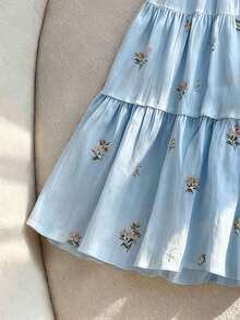 Vestido de diseño con cuello cuadrado, mangas de pétalos, abotonadura sencilla y volantes en la cintura con estampado floral francés delicado - Azul - Ver 4