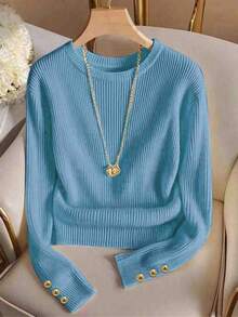 Elegante camiseta de punto de cuello redondo, top de punto minimalista de moda, otoño/invierno - Azul 2 - Ver 5