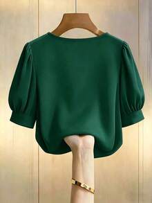 Blusa casual elegante de mujer con cuello redondo en color champán, cuello en V, manga corta abullonada, con adornos de perlas falsas, corte holgado, adecuada para ir a trabajar, elegancia cotidiana.Elegante, casual, atuendo casual para mujer, ro - Verde - Ver 2