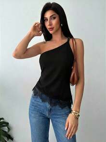 Nueva llegada Primavera/Verano Elegante Top casual de lino color albaricoque con cintura fruncida, bajo asimétrico y espalda descubierta - Negro - Ver 6