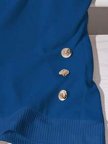 Camiseta casual de verano de unicolor para mujer, versátil, con decoración de botones - Azul - Ver 4