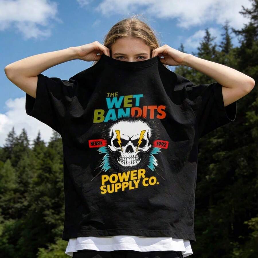 Women's Summer Clothing, Soft And Casual Cotton Round Neck T-Shirt, Skull, Eyes And Lightning Print By THE WET BANDITS POWER SUPPLY CO. Color White. - 黑色 - 查看 1