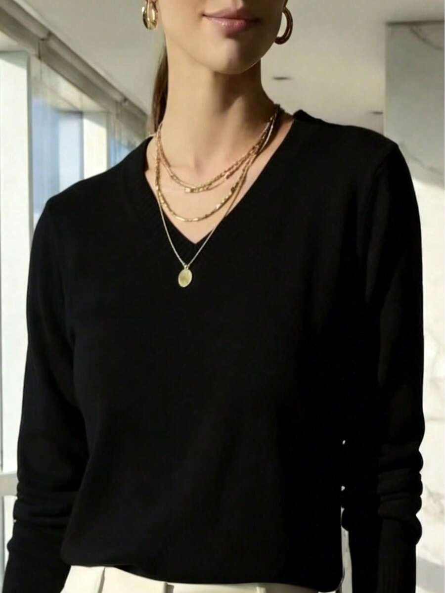 V-NECK SWEATSHIRT WOMEN'S KNITTING LONG SLEEVE WINTER BASIC MODAL Thin And Light Style - màu đen - Xem 1