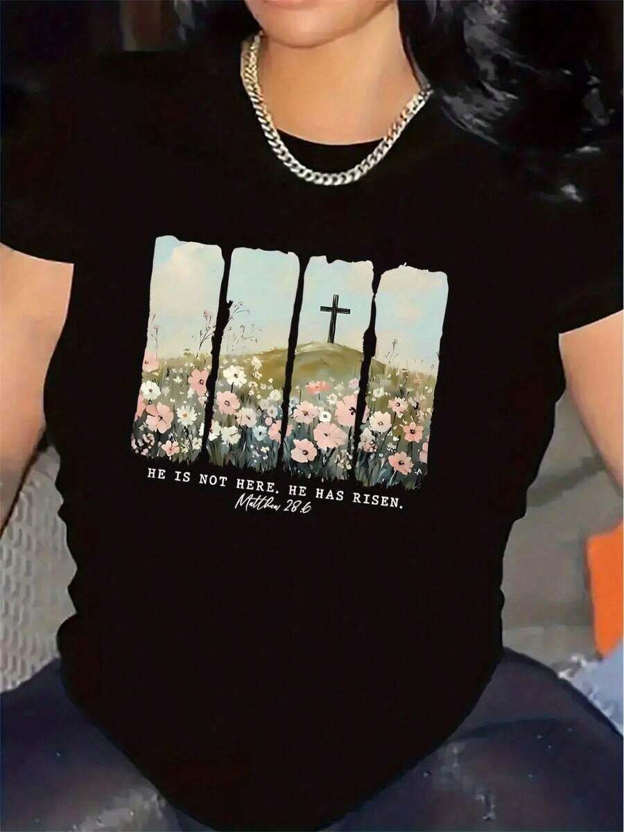 Camiseta de Mujer con Estampado Floral en Blanco y Negro y Frase Inspiradora - Poliéster Ligero y Resistente, Corte Cómodo, Cuello Redondo, Manga Corta, Ideal para Uso Casual, Decoración del Hogar o Regalo - Diseño Versátil para Todas las Temporadas, Camiseta Decorativa para el Hogar, Ropa Motivacional, Tela Resistenteblusas>bonito - Negro - Ver 1