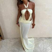 Traje de baño de una pieza de color sólido, sexy, con cuello halter y diseño calado, con falda larga, conjunto de bikini de dos piezas. - amarillo cremoso - Ver 2