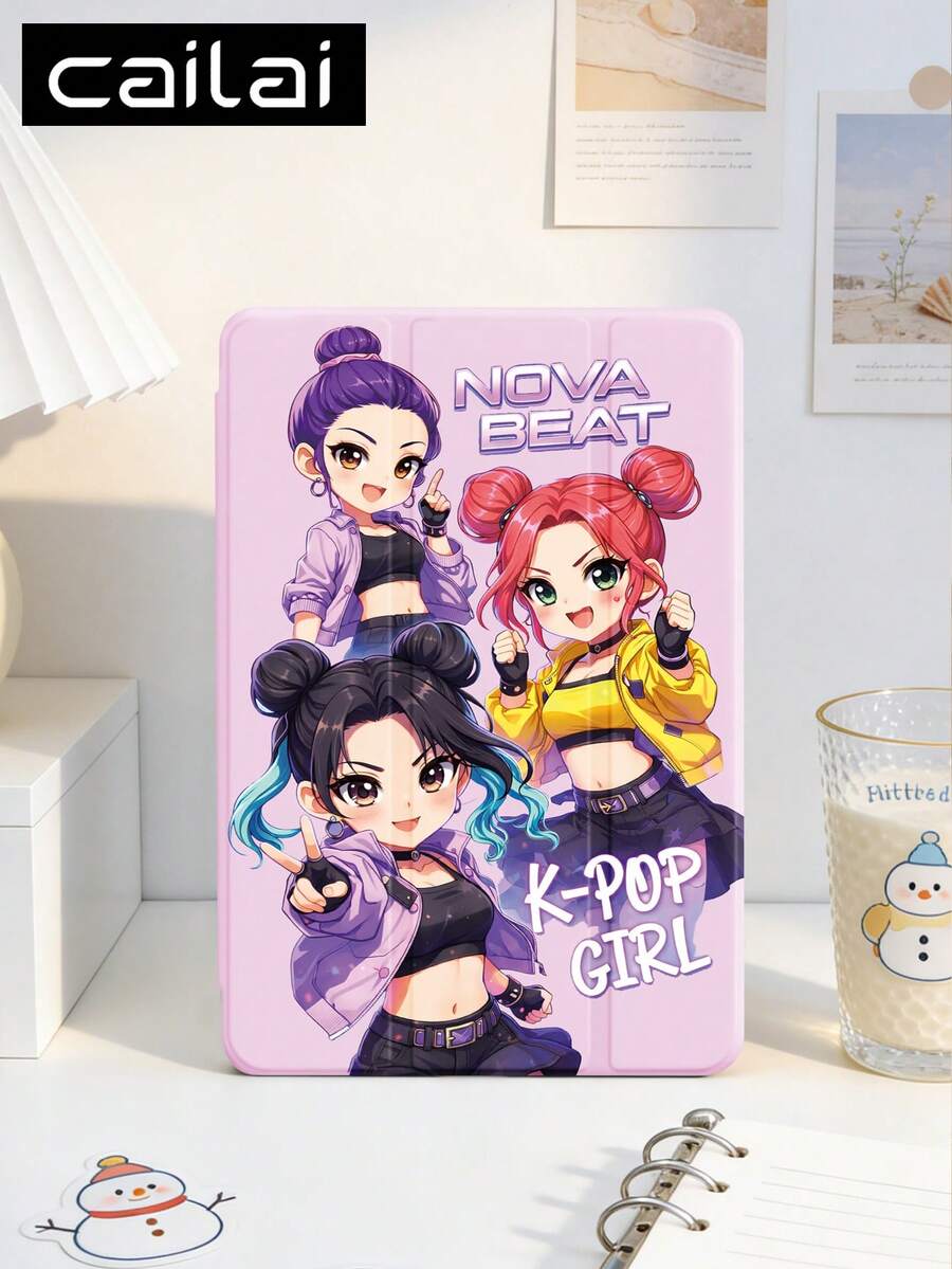 1个K-POP动漫女孩设计平板电脑保护套,兼容iPad 10.2英寸(2021/2020款,第十/九/八代,A16芯片)、11英寸(第十一代,2025款)、Galaxy Tab A8 10.5英寸(2022款),带笔槽,支持自动休眠/唤醒功能。 - 彩色 - 查看 1