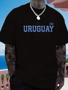 Men's Uruguay-Themed T-Shirt - Short Sleeves With Uruguay Flag And Map Print, White Lettering - Breathable Summer Casual Wear, Perfect For Football Fans, Crew Neck T-Shirt For Uruguay National Team Supporters. Ideal For Gifting. Women's T-Shirt. Stylish. Bohemian Style. Soft, Breathable, And Comfortable Garment, Perfect For Spring, Summer, And Fall; Ideal For Vacations, Travel, And Everyday Wear. Perfect For Watching A Game. - 黑色 - 查看 1