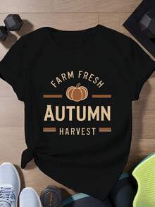 Women's Short Sleeve Sports T-Shirt With Autumn Pumpkin Illustration - A Very Distinctive Printed T-Shirt / Unisex Style / Suitable For Both Men And Women / Wrinkle-Resistant / Breathable - 黑色 - 查看 8