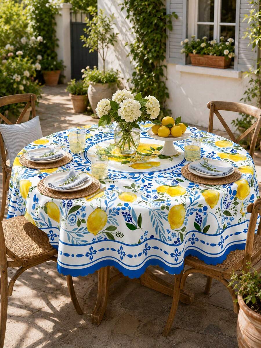 1pc-Summer Lemon Table Cover, Mediterranean Blue Floral Print Decorative Table Cloth, Wrinkle Resistant , For Kitchen Dining Room, Patio, Backyard BBQ, Garden Party, Picnic, Indoor Outdoor Summer Holiday Gathering, Easy Clean Reusable - Multicolor - View 1